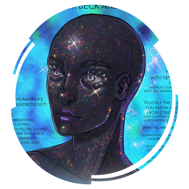 A sparkly black opal looking bot's face, looking off to the distance.