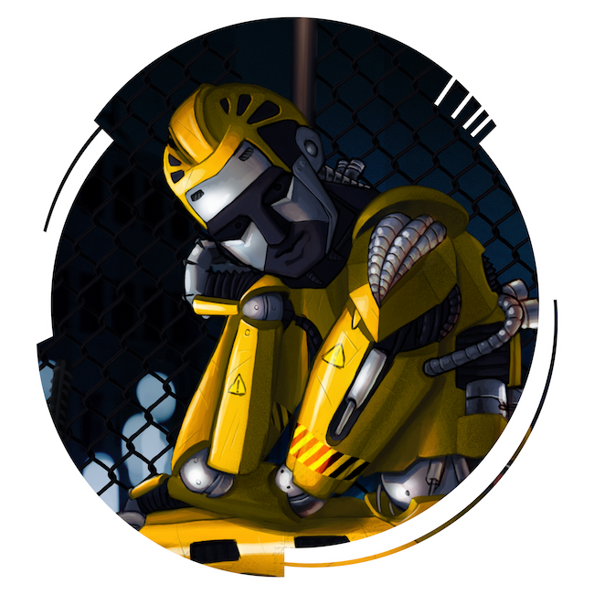 A yellow construction robot sitting with his chin in his hand, looking off to the lower right.