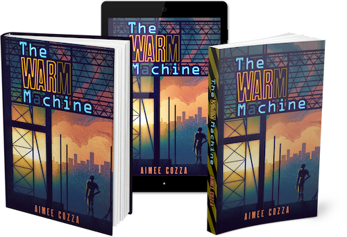 A hardcover book mockup of The Warm machine, a tablet mockup of The Warm Machine, and paperback book mockup of The Warm Machine.